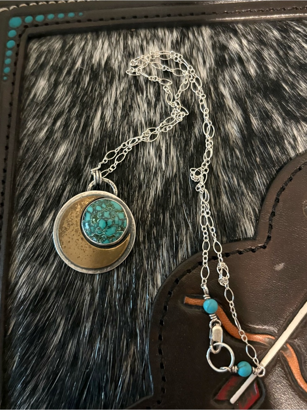 Blue and Blue Shop Turquoise, Sterling Silver & Brass Crescent Moon Necklace